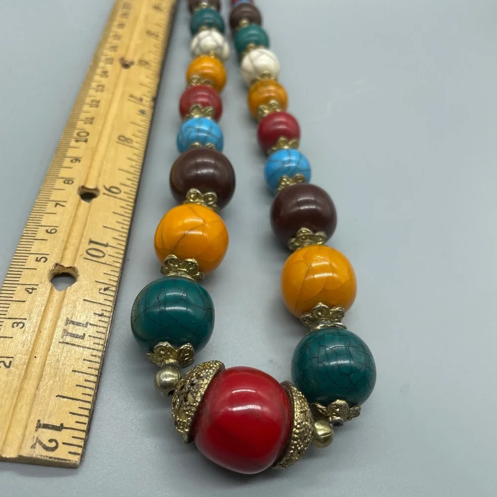 Boho Chunky Multi Color Bead Necklace Brass Filigree Statement 22 Inch Vintage‎